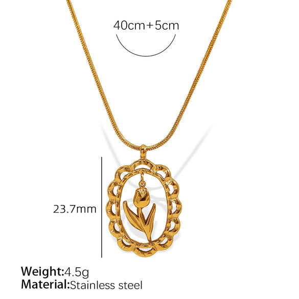 316L Stainless Steel Electroplated Oval Hollow Clavicle Chain With Love Heart And Tulip Flowers For Women