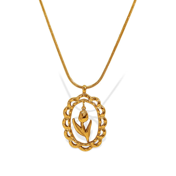 316L Stainless Steel Electroplated Oval Hollow Clavicle Chain With Love Heart And Tulip Flowers For Women