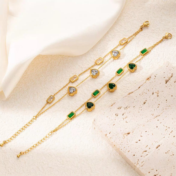 Titanium Steel Electroplated Women's Doublelayer Design Bracelet With Heart And Rhombus Patterns