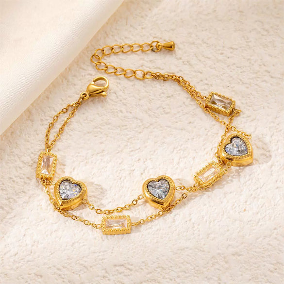 Titanium Steel Electroplated Women's Doublelayer Design Bracelet With Heart And Rhombus Patterns