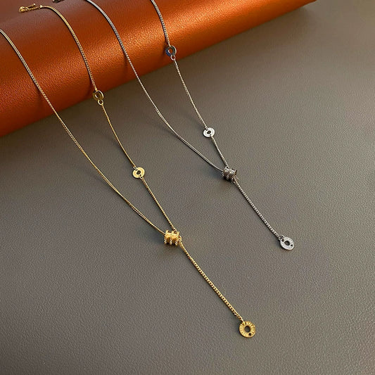 Stainless Steel Elegant Circle Tassel Clavicle Chain Necklace With Electroplating And Geometric Design For Women