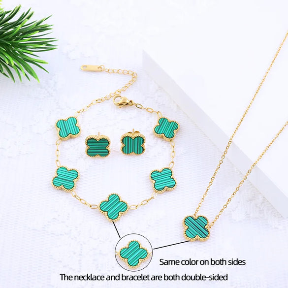 Wholesale Jewelry Elegant Lady Modern Style Four Leaf Clover 304 Stainless Steel Acrylic 18K Gold Plated Jewelry Set