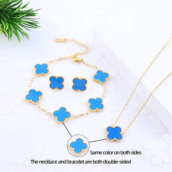 Wholesale Jewelry Elegant Lady Modern Style Four Leaf Clover 304 Stainless Steel Acrylic 18K Gold Plated Jewelry Set