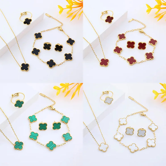 Wholesale Jewelry Elegant Lady Modern Style Four Leaf Clover 304 Stainless Steel Acrylic 18K Gold Plated Jewelry Set