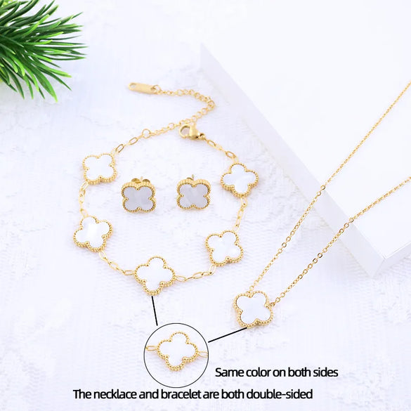 Wholesale Jewelry Elegant Lady Modern Style Four Leaf Clover 304 Stainless Steel Acrylic 18K Gold Plated Jewelry Set