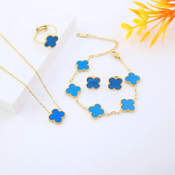 Wholesale Jewelry Elegant Lady Modern Style Four Leaf Clover 304 Stainless Steel Acrylic 18K Gold Plated Jewelry Set