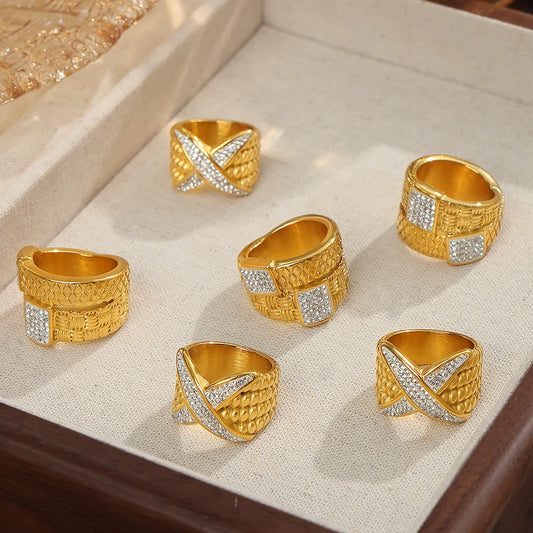 Wholesale Jewelry Elegant Simple Style Cross Stainless Steel Rhinestones 18K Gold Plated Plating Inlay Wide Band Rings