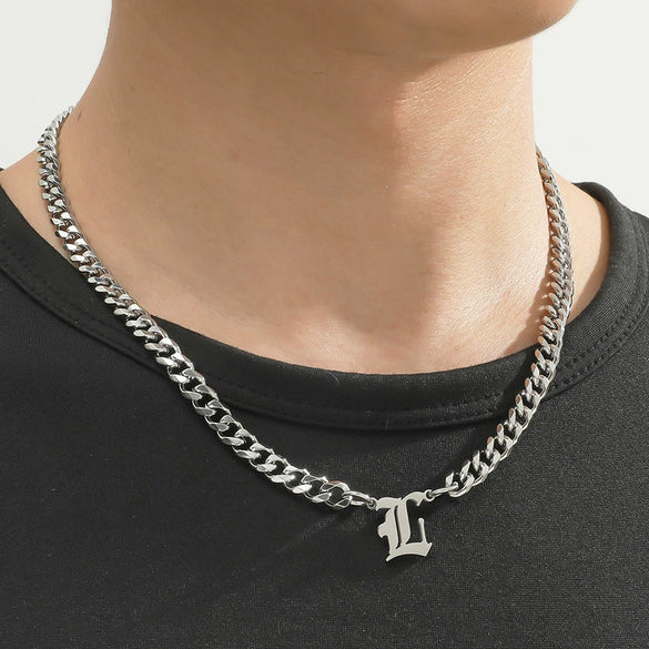Titanium Steel English Alphabet Pendant Necklace With Cuban Chain Electroplating Hip Hop Fashion Style