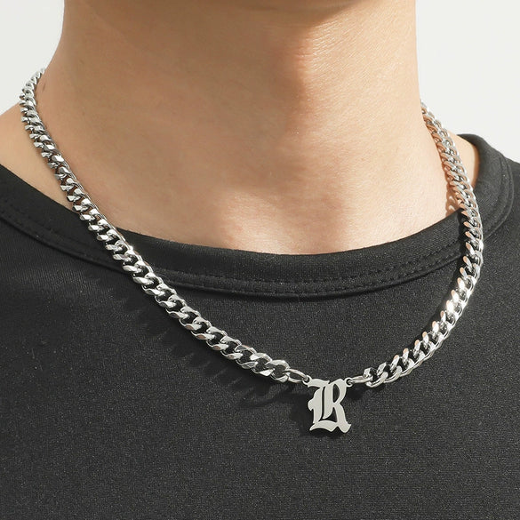 Titanium Steel English Alphabet Pendant Necklace With Cuban Chain Electroplating Hip Hop Fashion Style