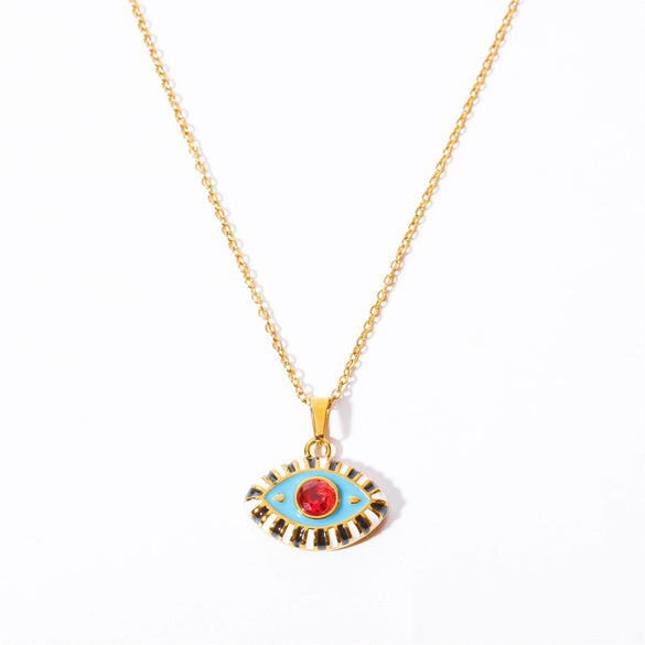 Titanium Steel Evil Eye Pendant Necklace With O Shaped Chain Electroplated