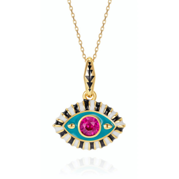 Titanium Steel Evil Eye Pendant Necklace With O Shaped Chain Electroplated