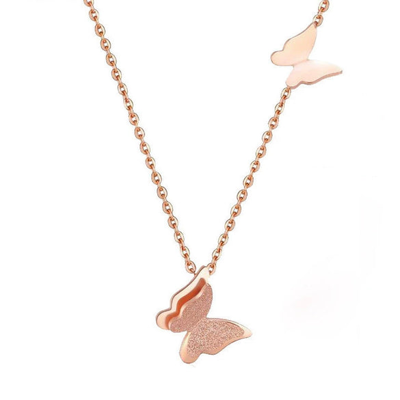Titanium Steel Fashion Frosted Double Butterfly Pendant Necklace For Women With Vacuum Plating And Cross Chain
