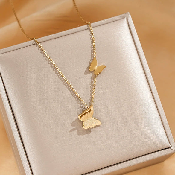 Titanium Steel Fashion Frosted Double Butterfly Pendant Necklace For Women With Vacuum Plating And Cross Chain