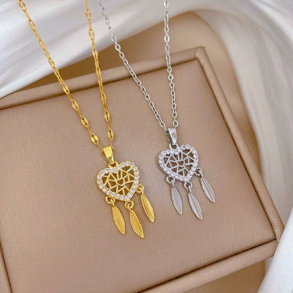 Titanium Steel Feather Dream Mesh Necklace With Microinlaid Real Gold Geometric Design For Women