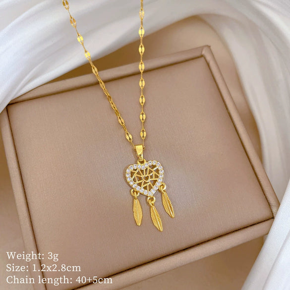 Titanium Steel Feather Dream Mesh Necklace With Microinlaid Real Gold Geometric Design For Women