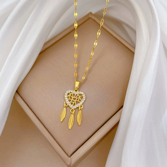 Titanium Steel Feather Dream Mesh Necklace With Microinlaid Real Gold Geometric Design For Women