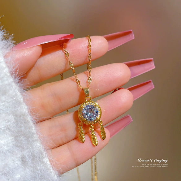 Titanium Steel Feather Tassel Zircon Dream Catcher Necklace With Geometric Pattern For Women