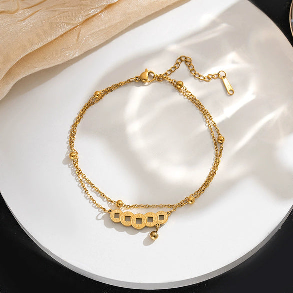 Titanium Steel Five Emperors Copper Coin Doublelayer Beanie Chain Bracelet Light Luxury Electroplated Jewelry For Women