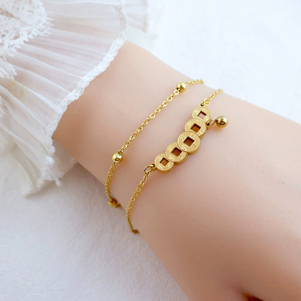 Titanium Steel Five Emperors Copper Coin Doublelayer Beanie Chain Bracelet Light Luxury Electroplated Jewelry For Women