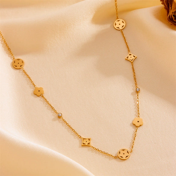 Titanium Steel Five Leaf Clover Patterned Jewelry Set With Drill For Women Including Bracelet And Necklace