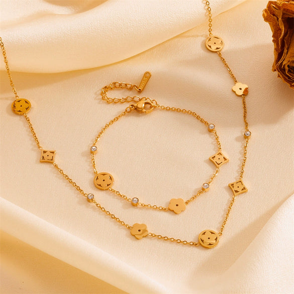 Titanium Steel Five Leaf Clover Patterned Jewelry Set With Drill For Women Including Bracelet And Necklace