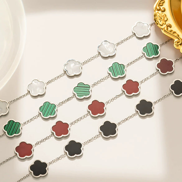 Titanium Steel Fiveleaf Clover Flower Plum Pendant Clavicle Chain For Women With Vacuum Furnace Electroplating