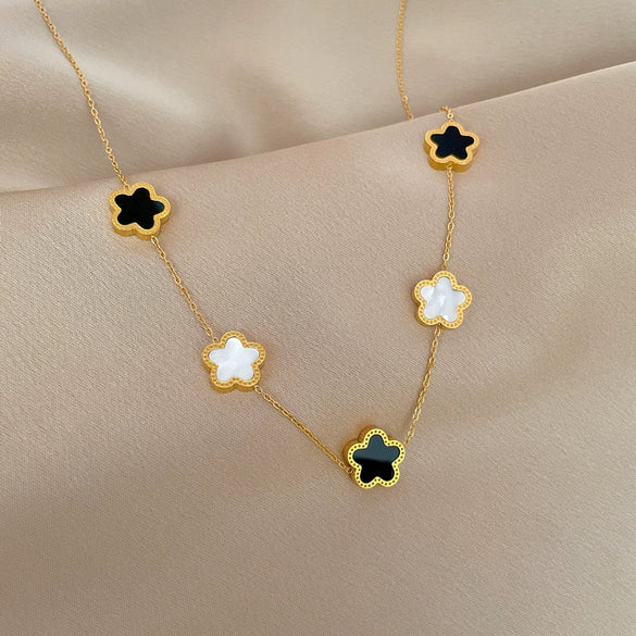 Titanium Steel Fiveleaf Flower Doublesided Cartoon Style Electroplated Unisex Necklace