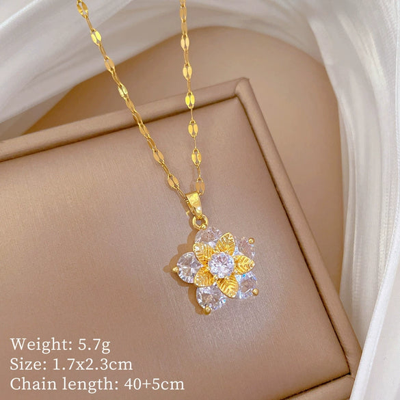 Titanium Steel Fiveleaf Flower Geometric Light Luxury Microinlaid Electroplated Women's Necklace Earrings Set