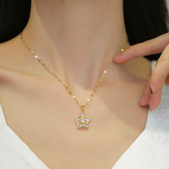 Titanium Steel Fiveleaf Flower Geometric Light Luxury Microinlaid Electroplated Women's Necklace Earrings Set