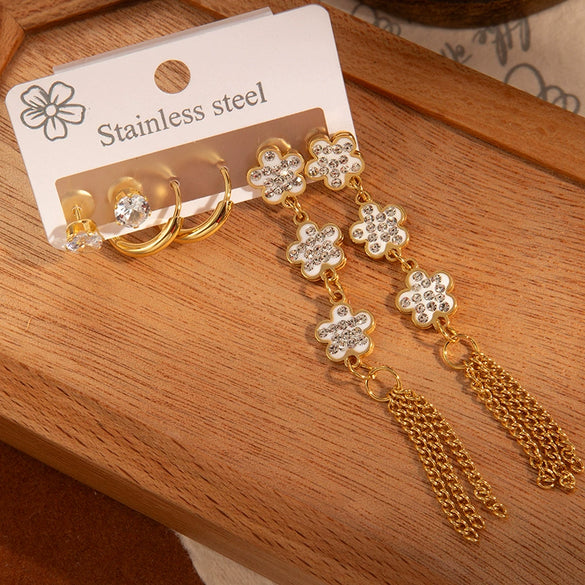 Titanium Steel Fiveleaf Flower Long Tassel Earrings Electroplated Fashion Style For Women