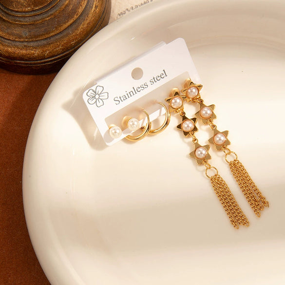 Titanium Steel Fivepointed Star Pearl Tassel Fashion Electroplated Women's Earrings