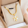 Titanium Steel Flat Snake Chain Daisy Flower Pendant Necklace For Women With Geometric Pattern