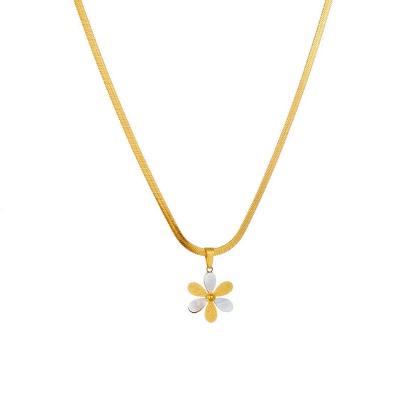 Titanium Steel Flat Snake Chain Daisy Flower Pendant Necklace For Women With Geometric Pattern