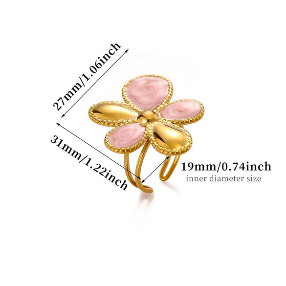 Titanium Steel Floral Ring With Colorful Drip Enamel Petals And Retro Pearl Detail Adjustable Open Band Sweet Women's Jewelry