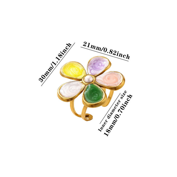 Titanium Steel Floral Ring With Colorful Drip Enamel Petals And Retro Pearl Detail Adjustable Open Band Sweet Women's Jewelry