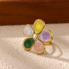 Titanium Steel Floral Ring With Colorful Drip Enamel Petals And Retro Pearl Detail Adjustable Open Band Sweet Women's Jewelry