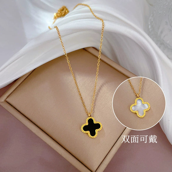 Titanium Steel Flower Doublesided Motherofpearl Furnace Real Gold Cartoon Geometric Electroplating Necklace For Female