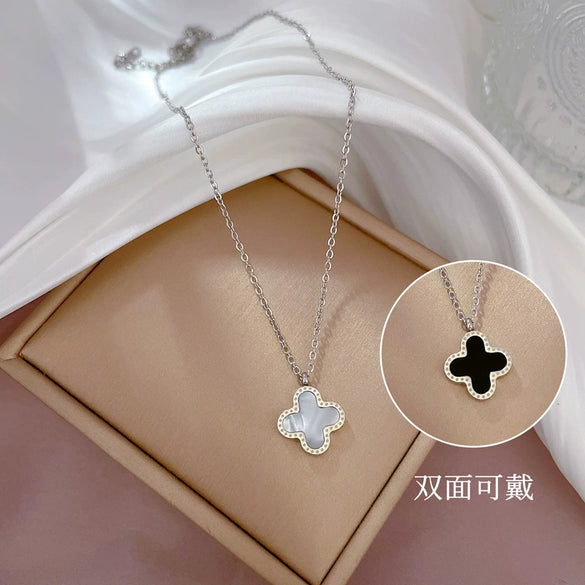 Titanium Steel Flower Doublesided Motherofpearl Furnace Real Gold Cartoon Geometric Electroplating Necklace For Female