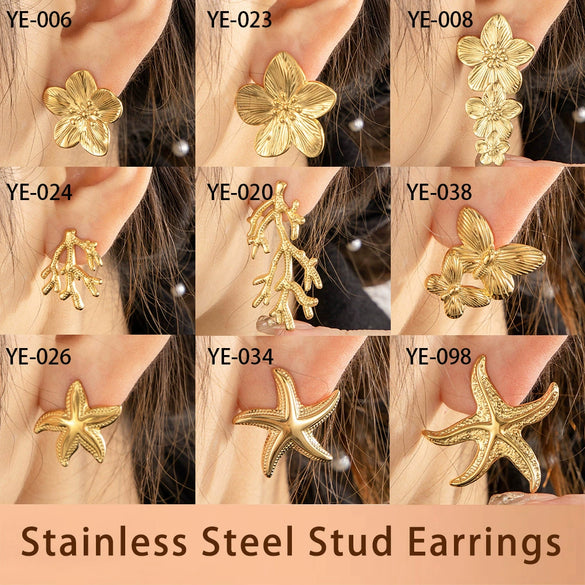 Titanium Steel Flower Star Shape Light Luxury Style Textured Earrings With Electroplating
