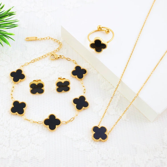 Titanium Steel Four Leaf Clover Elegant Jewelry Fourpiece Set For Girls With Electroplating