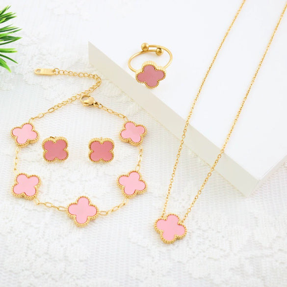 Titanium Steel Four Leaf Clover Elegant Jewelry Fourpiece Set For Girls With Electroplating