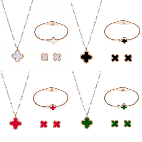 Titanium Steel Four Leaf Clover Jewelry Set For Women Light Luxury Electroplated Necklace Earrings Bracelet