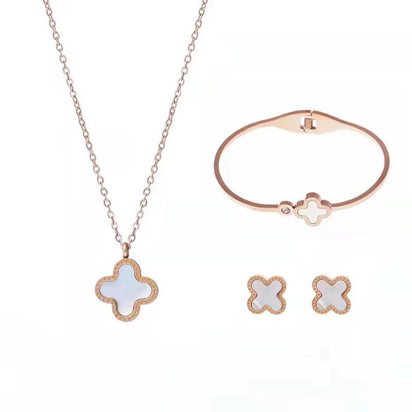 Titanium Steel Four Leaf Clover Jewelry Set For Women Light Luxury Electroplated Necklace Earrings Bracelet