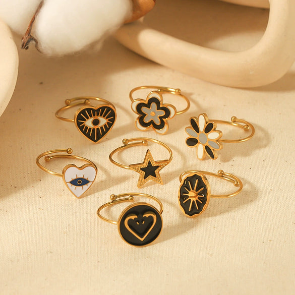 Titanium Steel Fourleaf Clover Opening Adjustable Ring For Women With Heart Star Geometric Animal Zodiac Patterns Electroplated
