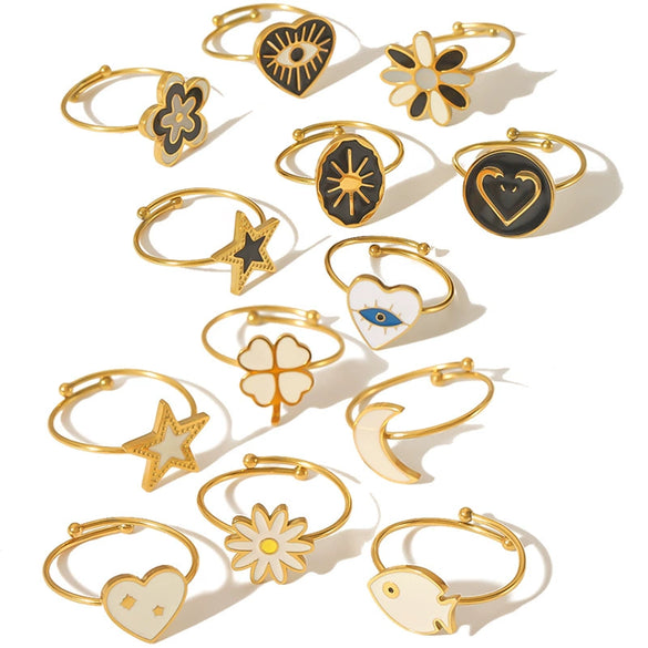 Titanium Steel Fourleaf Clover Opening Adjustable Ring For Women With Heart Star Geometric Animal Zodiac Patterns Electroplated
