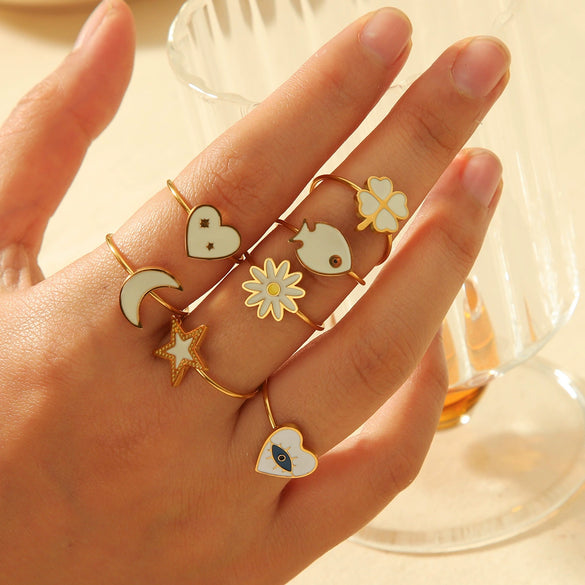 Titanium Steel Fourleaf Clover Opening Adjustable Ring For Women With Heart Star Geometric Animal Zodiac Patterns Electroplated