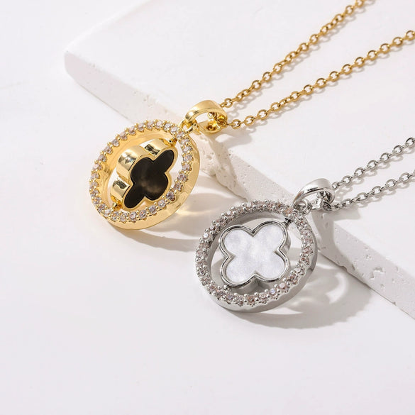 Titanium Steel Fourleaf Clover Pendant Necklace With Mixed Gem Inlay And Electroplating Geometric Style Doublesided Rotating Ochain For Women