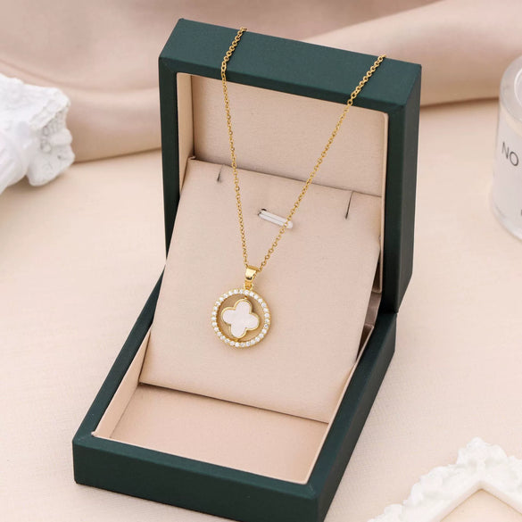 Titanium Steel Fourleaf Clover Pendant Necklace With Mixed Gem Inlay And Electroplating Geometric Style Doublesided Rotating Ochain For Women