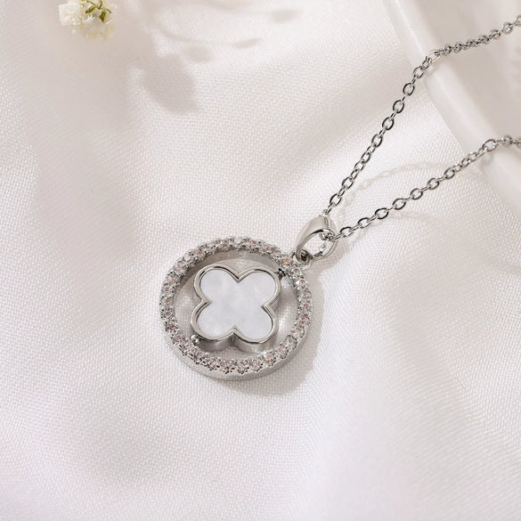 Titanium Steel Fourleaf Clover Pendant Necklace With Mixed Gem Inlay And Electroplating Geometric Style Doublesided Rotating Ochain For Women