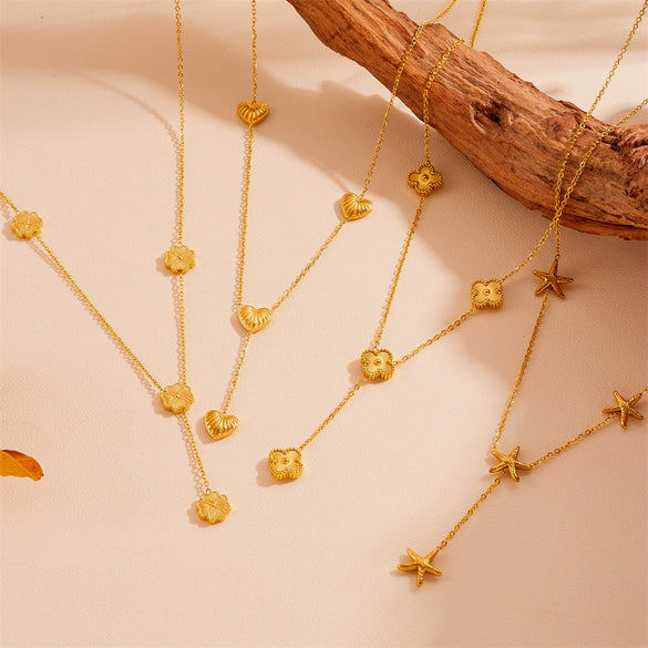 Titanium Steel Fourleaf Clover Starfish Love Tassel Pendant Necklace For Women With Geometric Pattern
